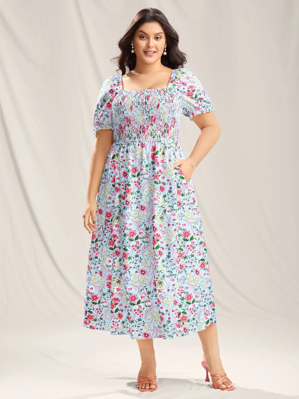 Shirred Floral Print Pockets Maxi Dress