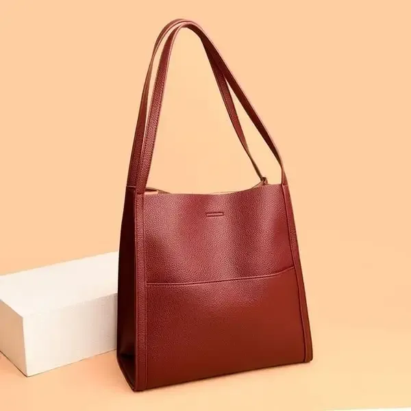Simple Solid Colour Shoulder Bag Made of Genuine Leather