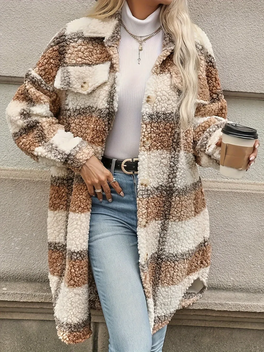 Long Sleeve Plaid Fuzzy Lapel Collar Jacket - Soft, Elegant, and Warm for Fall & Winter - Machine Washable Polyester Coat for Women