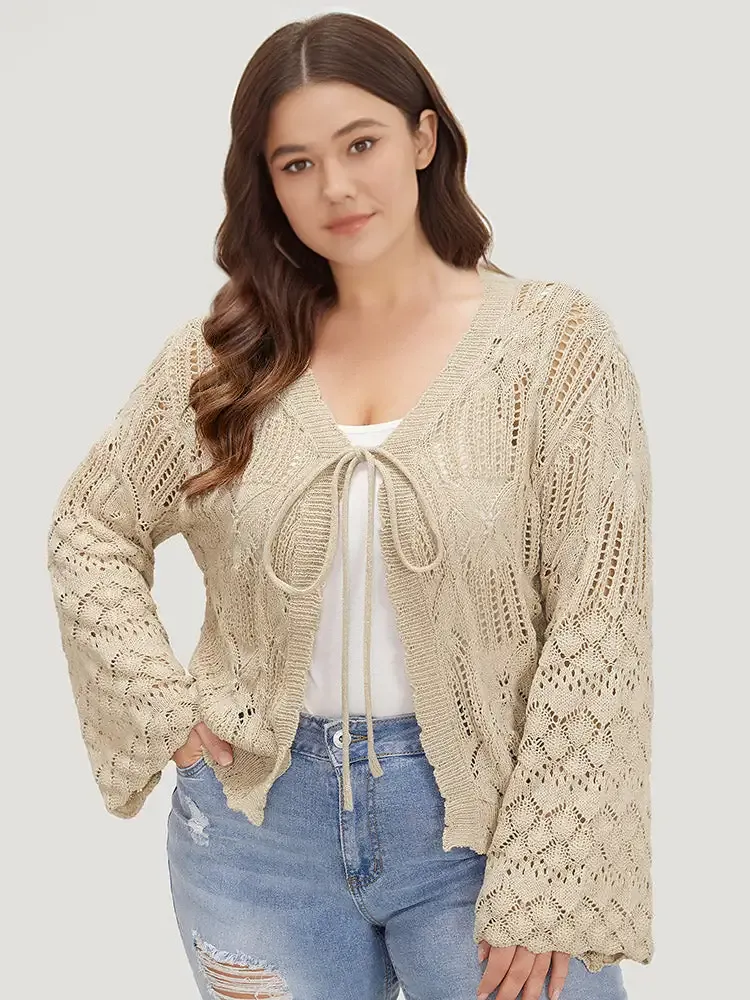 Hollow Out Bell Sleeve Tie Front Cardigan