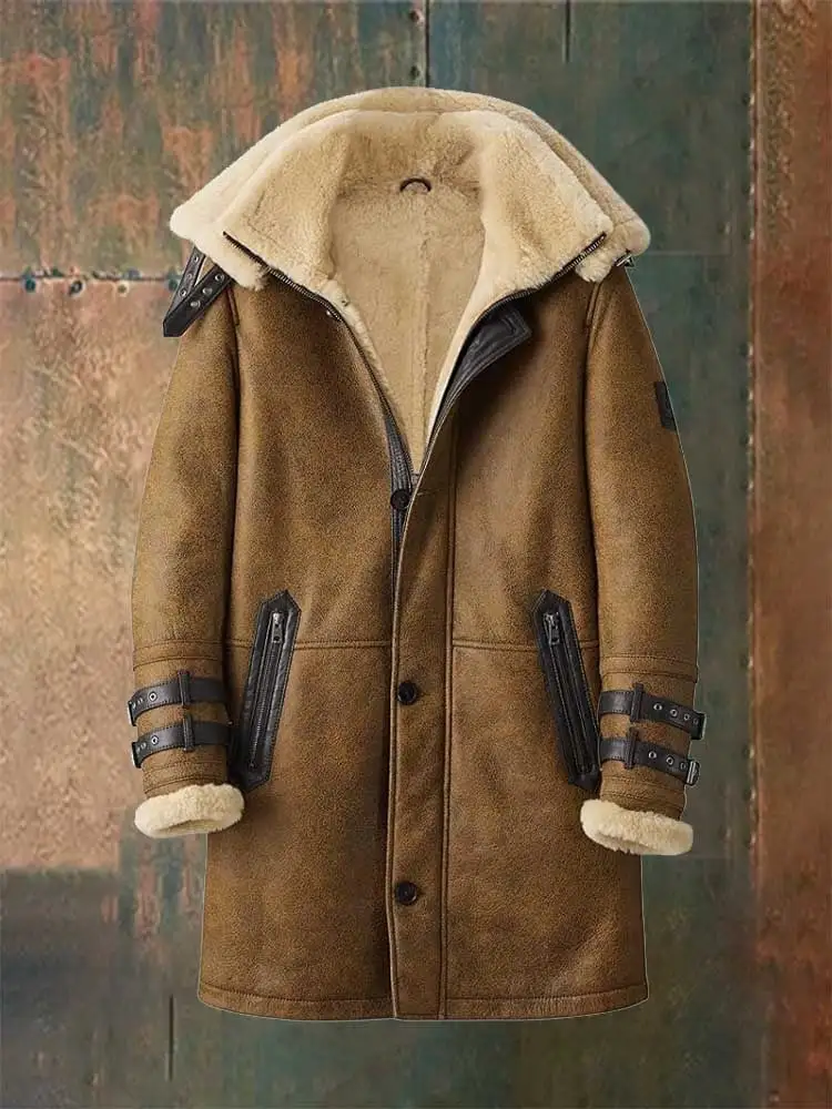 Men's Vintage Brown Leather Coat With Fur Collar