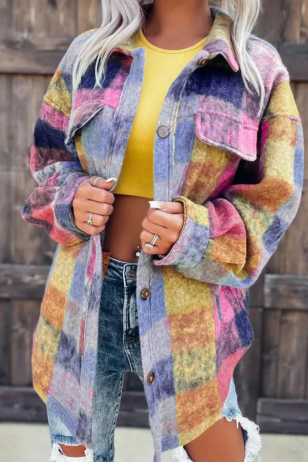Colorful Checkerboard Pattern Lapel Coat