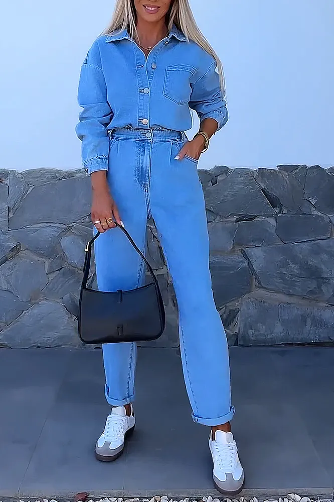 Women's solid color denim V-neck top and pants two-piece set