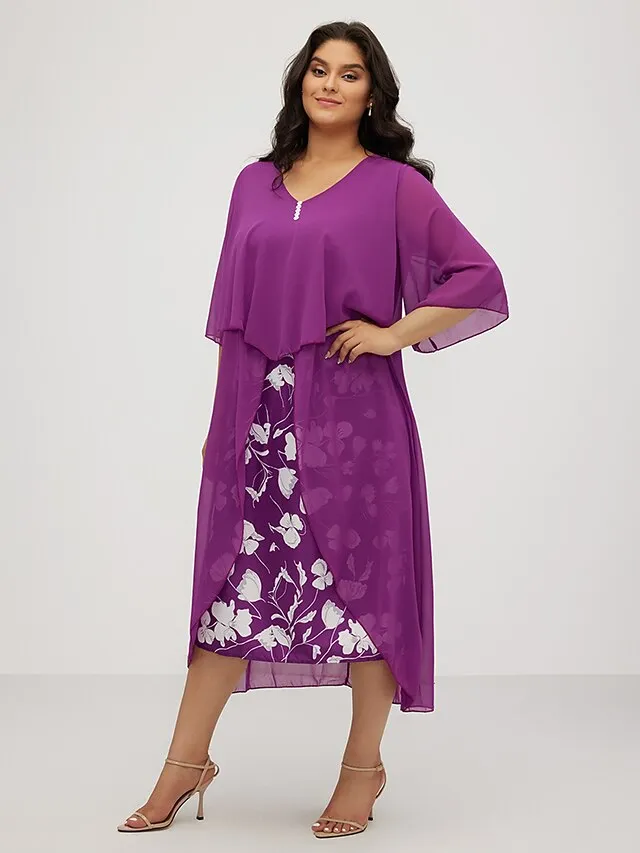 Women‘s Plus Size Curve Work Dress Floral V Neck Ruched 3/4 Length Sleeve Spring Summer Work Elegant Midi Dress  Layered Formal Vacation Dress Wedding Guest Dress
