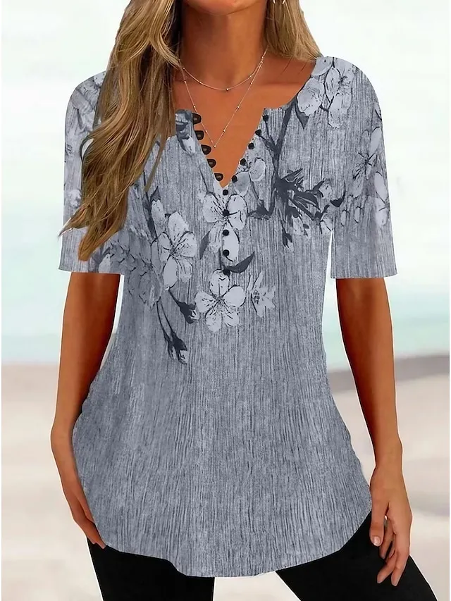 Women's T shirt Tee Henley Shirt Floral Holiday Weekend White Pink Blue Button Print Short Sleeve Tunic Basic Round Neck Regular Fit