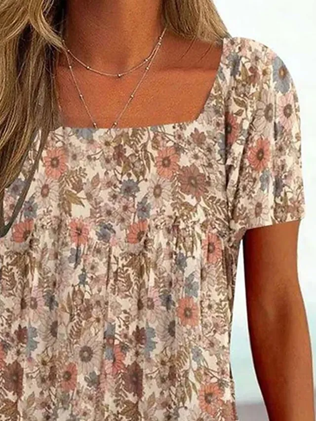 Women's T shirt Tee Black White Pink Floral Striped Print Short Sleeve Casual Holiday Tunic Basic Square Neck Regular Floral Plus Size L