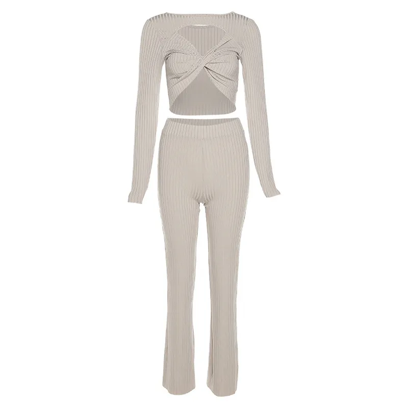 Casual Solid Color Hollow Knit Two-piece Set
