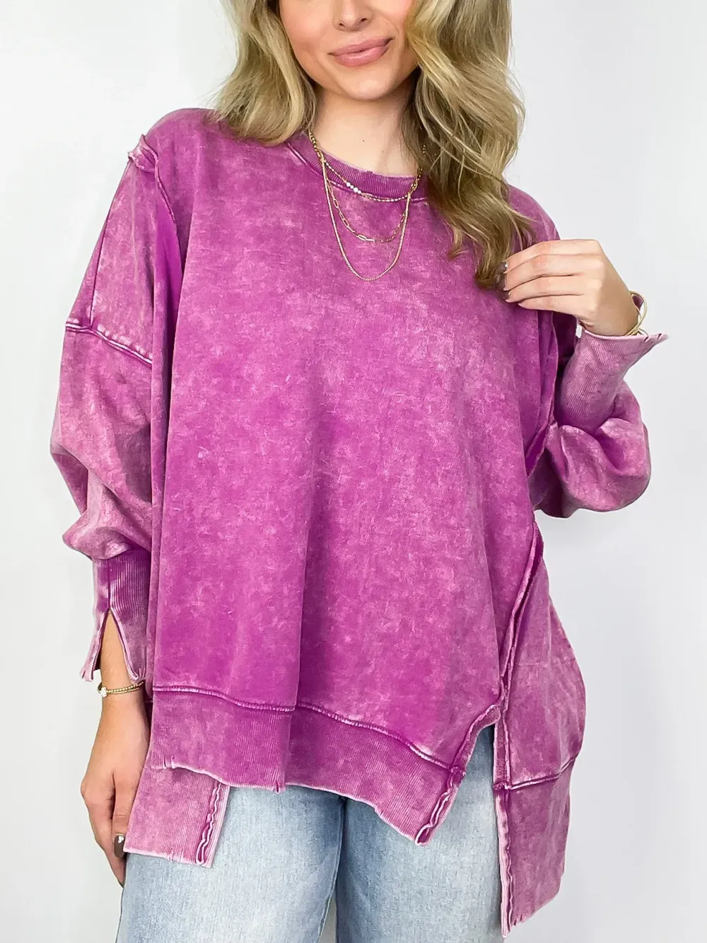 ✨Womens Acid Wash Split Cuff Oversized Crew Pullover