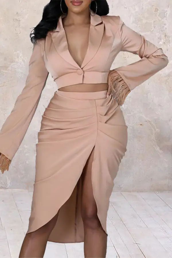 Pink Feather Patchwork Ruched High-Slit Dress Set