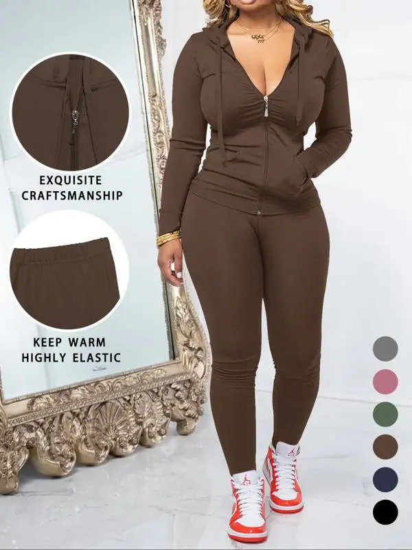 Women's Fall 2-Piece Set: Zipper Hoodie & Skinny Pants (Pocket Design)