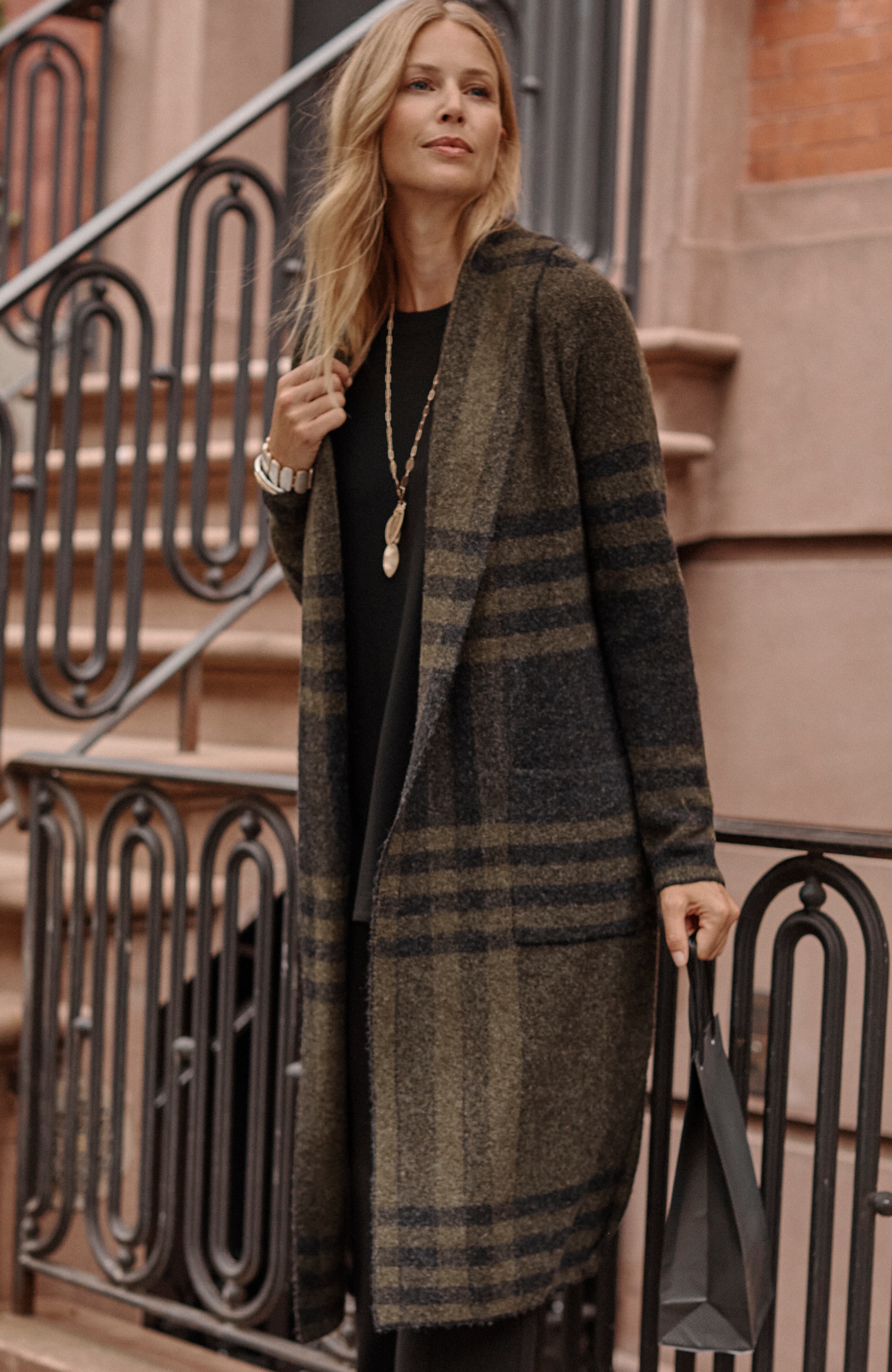 Wearever Shawl-Collar Plaid Sweater Coat