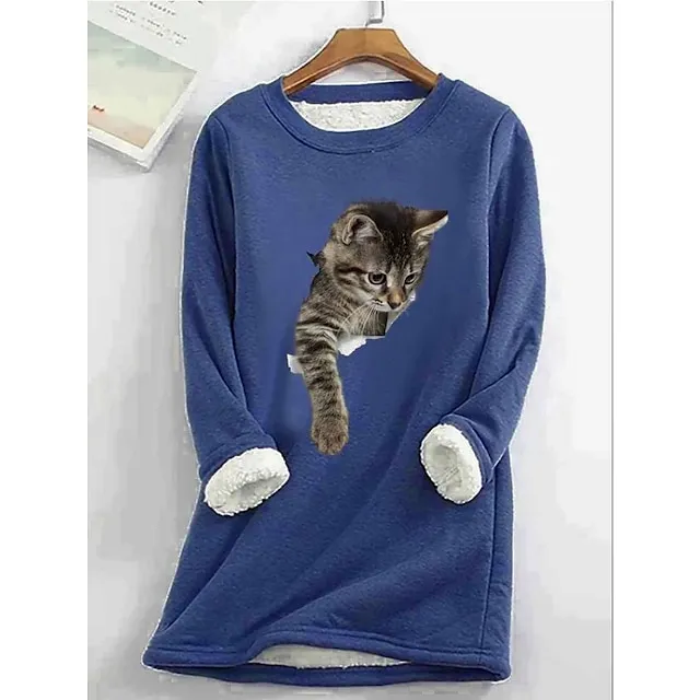 Women's Plus Size Sweatshirt Pullover Cat Teddy Sherpa Fleece Denim Blue Black White Street Casual Round Neck Long Sleeve Top Micro-elastic Fall & Winter
