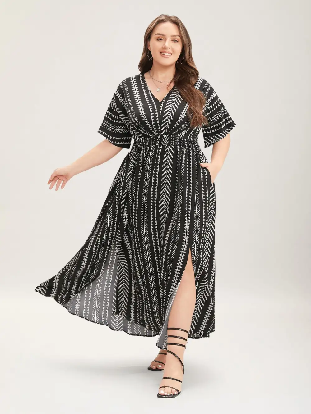 Solid Geometric Dolman Sleeve Pocket Shirred Split Hem Dress