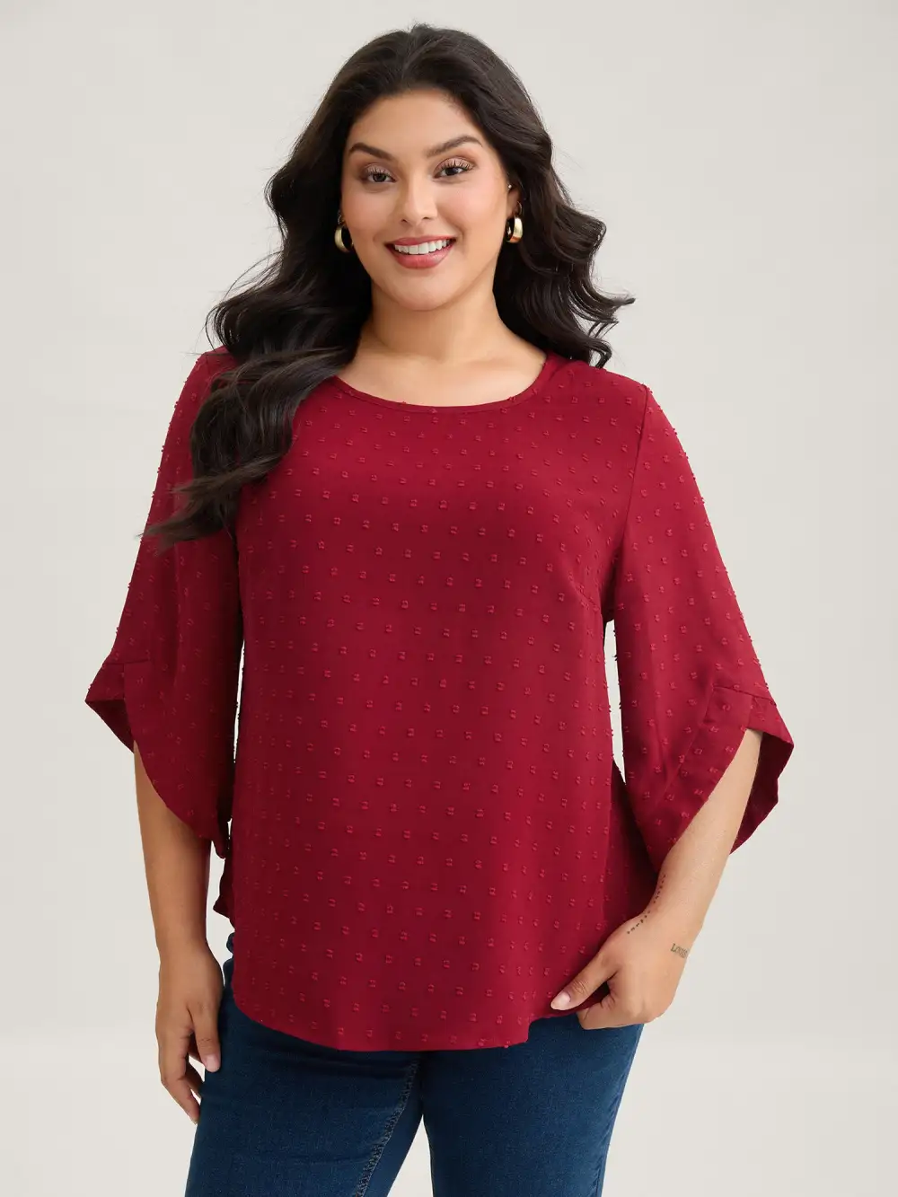 Textured Round Neck Bell Sleeve Blouse