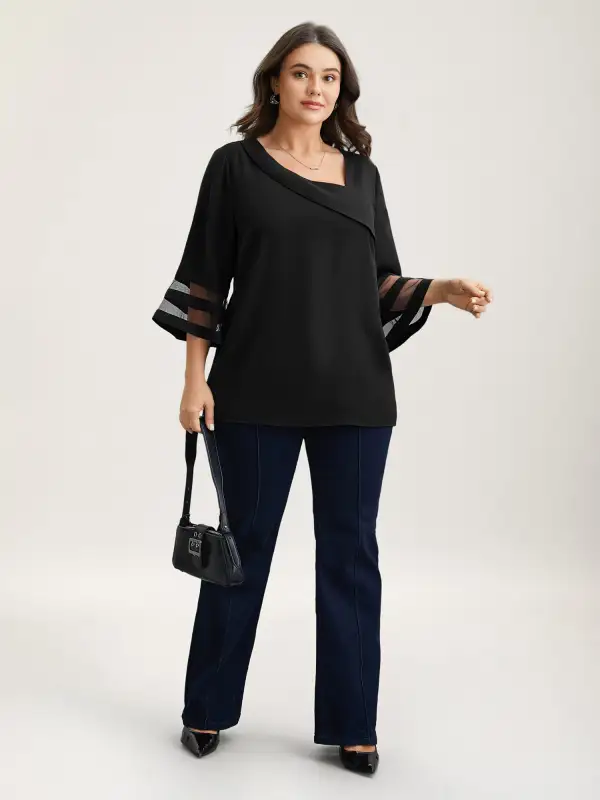 Sheer Sleeve Patchwork Asymmetrical Neckline Blouse
