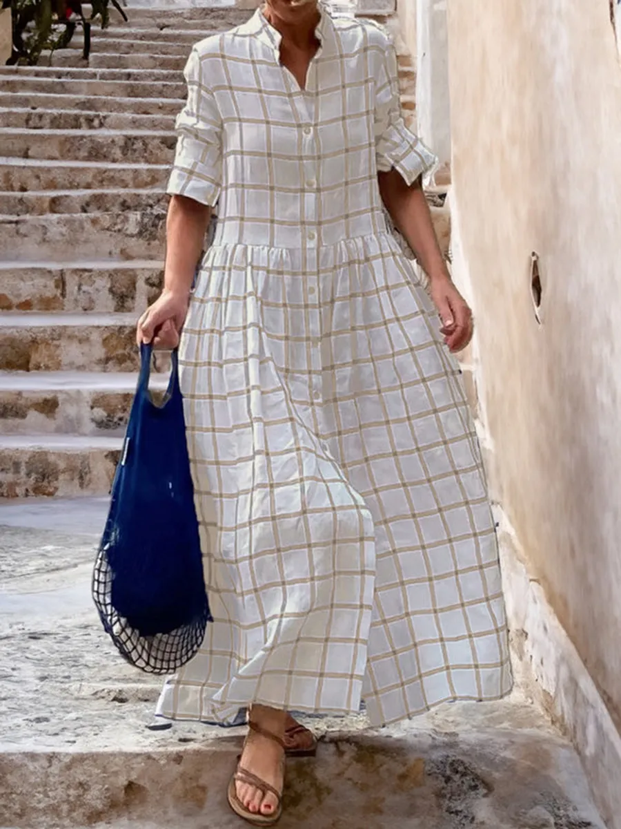 Casual Simple Plaid Loose Maxi Dress