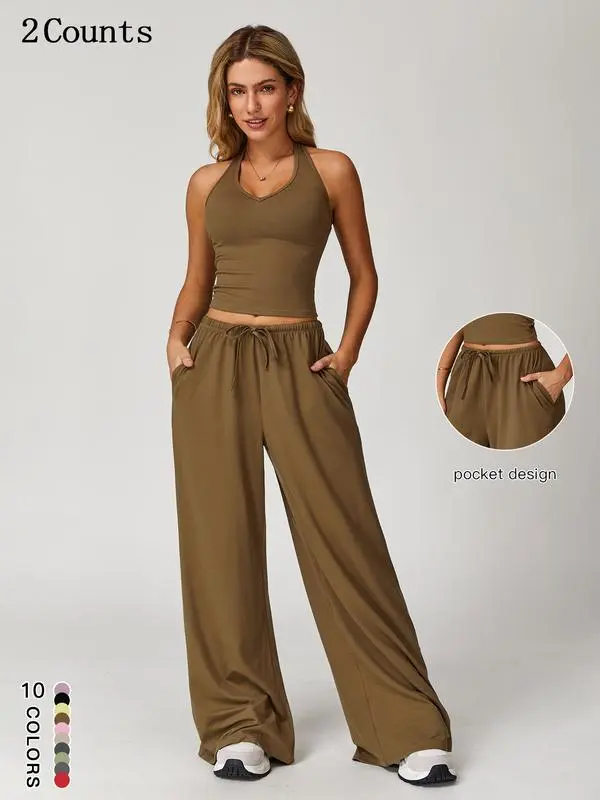 Women's Summer 2 Piece Set – Sleeveless V Neck Crop Top & Wide Leg Pants, Casual Lightweight Outfit