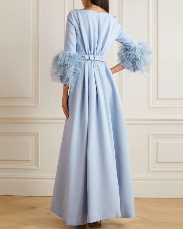 Feather-trimmed Crepe Maxi Dress