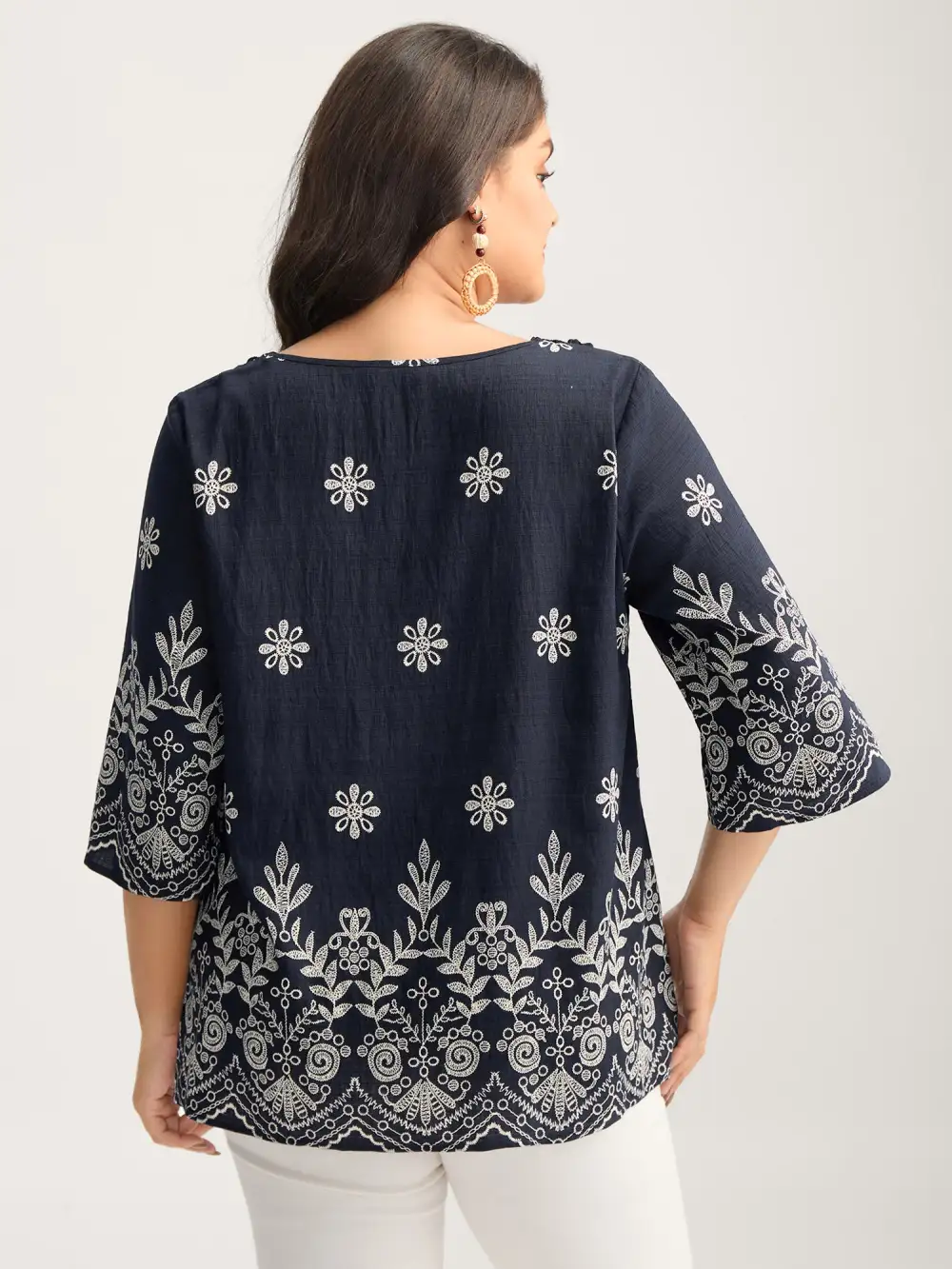 Boho Print Lace Neck Blouse