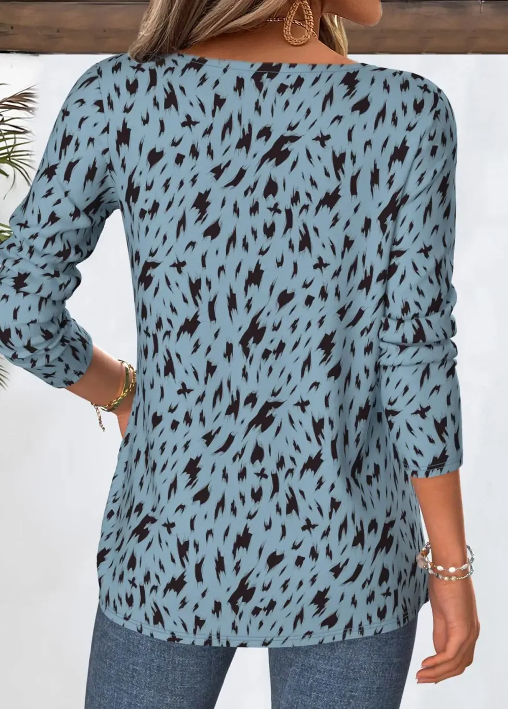 Dusty Blue Geometric Print Long Sleeve T Shirt