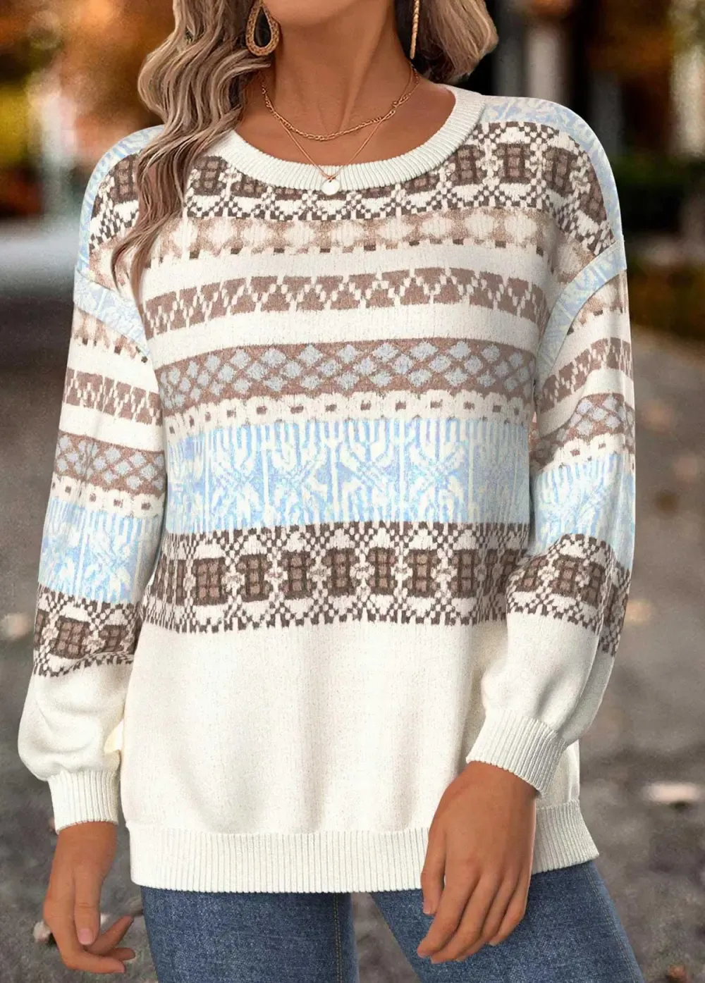 Beige Tummy Coverage Geometric Print Long Sleeve Sweatshirt