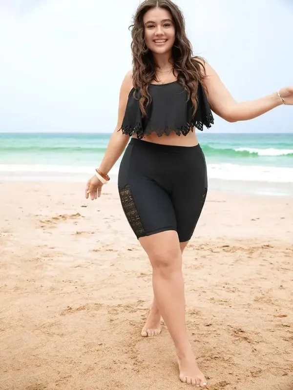 Lace Insert High Waist Swim Shorts