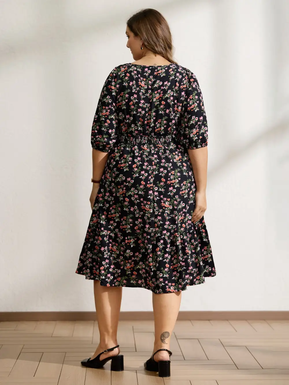 Floral Shirred Waist Neck-Tie Midi Dress