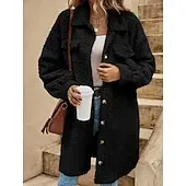 Women's Sherpa Jacket Comfortable Breathable Pocket Buttons Casual Plain Vacation Street Casual Daily Wear Single Breasted Long Turndown Loose Fit Long Sleeve Outerwear Black White Red Spring Fall
