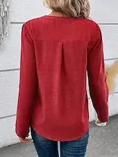Women's Shirt Solid Color Stylish Casual Long Sleeve V Neck Regular Tops Daily Buttons Red Blue Gray Summer Spring Fall