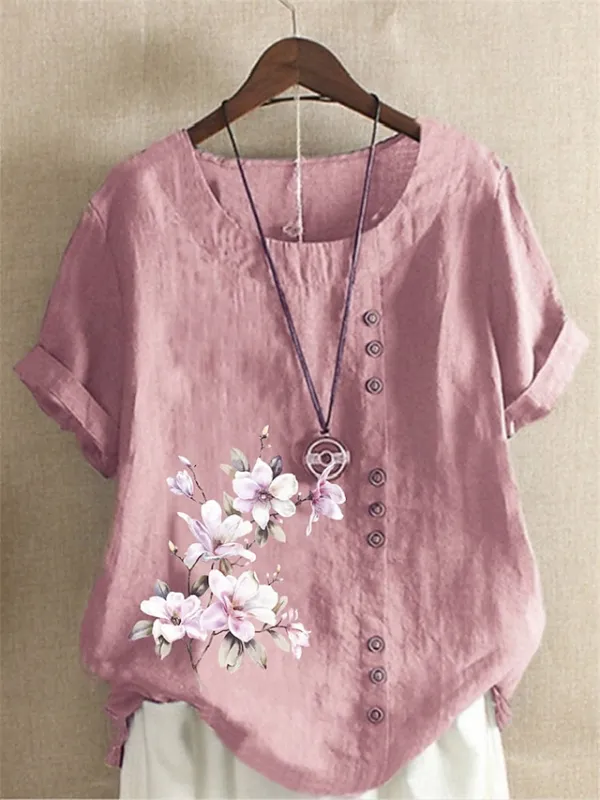 Women's Shirt Linen Shirt Blouse Cotton Linen Floral Button Print Daily Vintage Basic Holiday Short Sleeve Crew Neck White Summer Spring