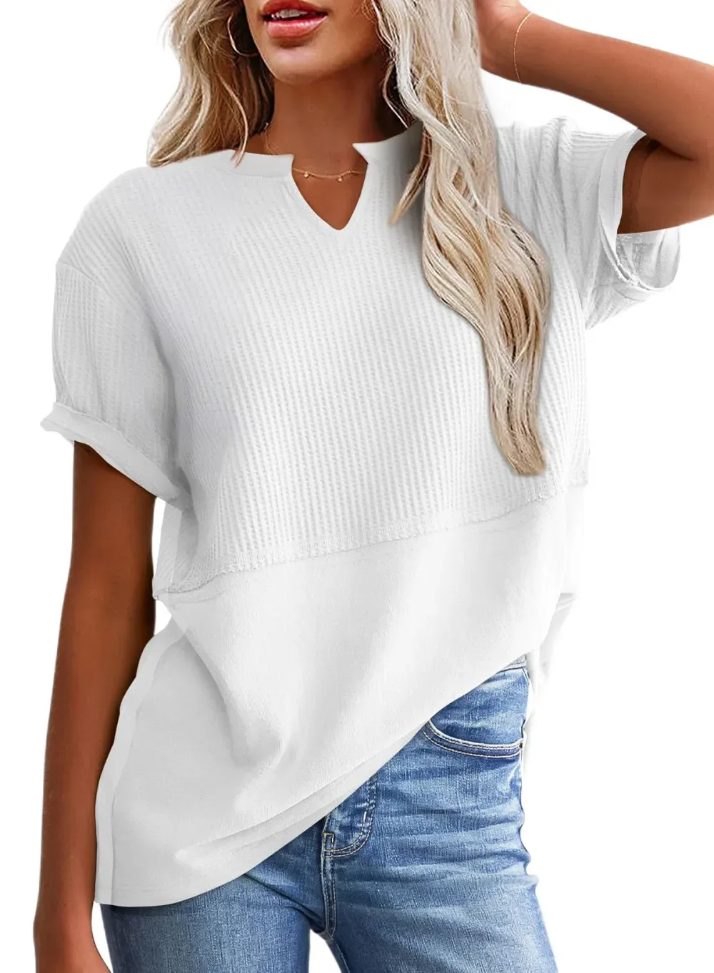 ✨Women's Casual V Neck Waffle Knit Tops Short Sleeve T Shirts