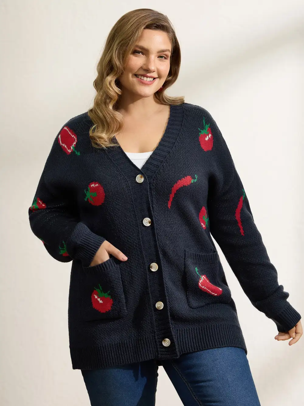 Tomato Chili Print Button Knit Cardigan