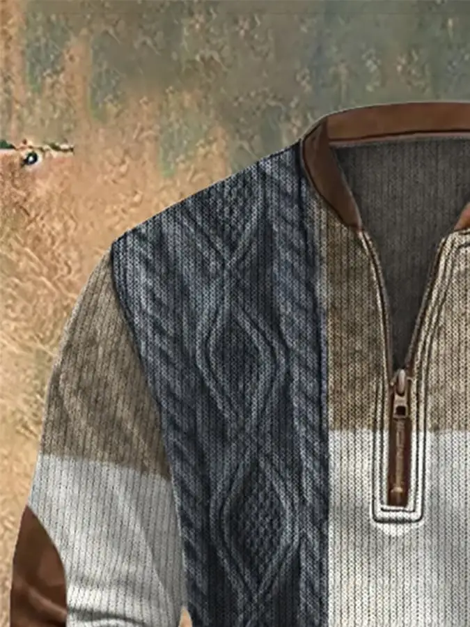 Men'S Casual 1/4 Zipper Half Stand Collar Retro Color Block Print Long Sleeve Sweatshirt