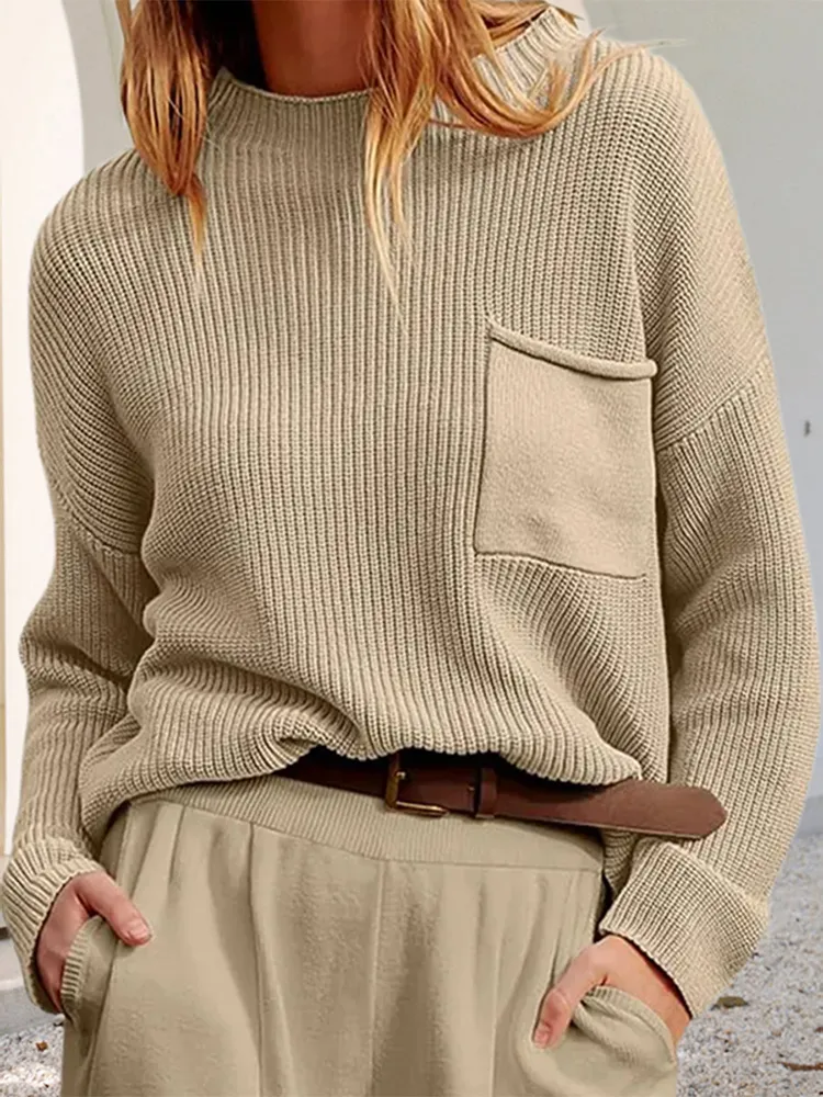 Simple Round Neck Long Sleeve Pocket Knitted Sweater