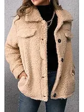 Women's Sherpa Jacket Comfortable Breathable Pocket Buttons Casual Plain Vacation Street Casual Daily Wear Single Breasted Short Turndown Regular Fit Long Sleeve Outerwear Khaki Army Green Dark Gray