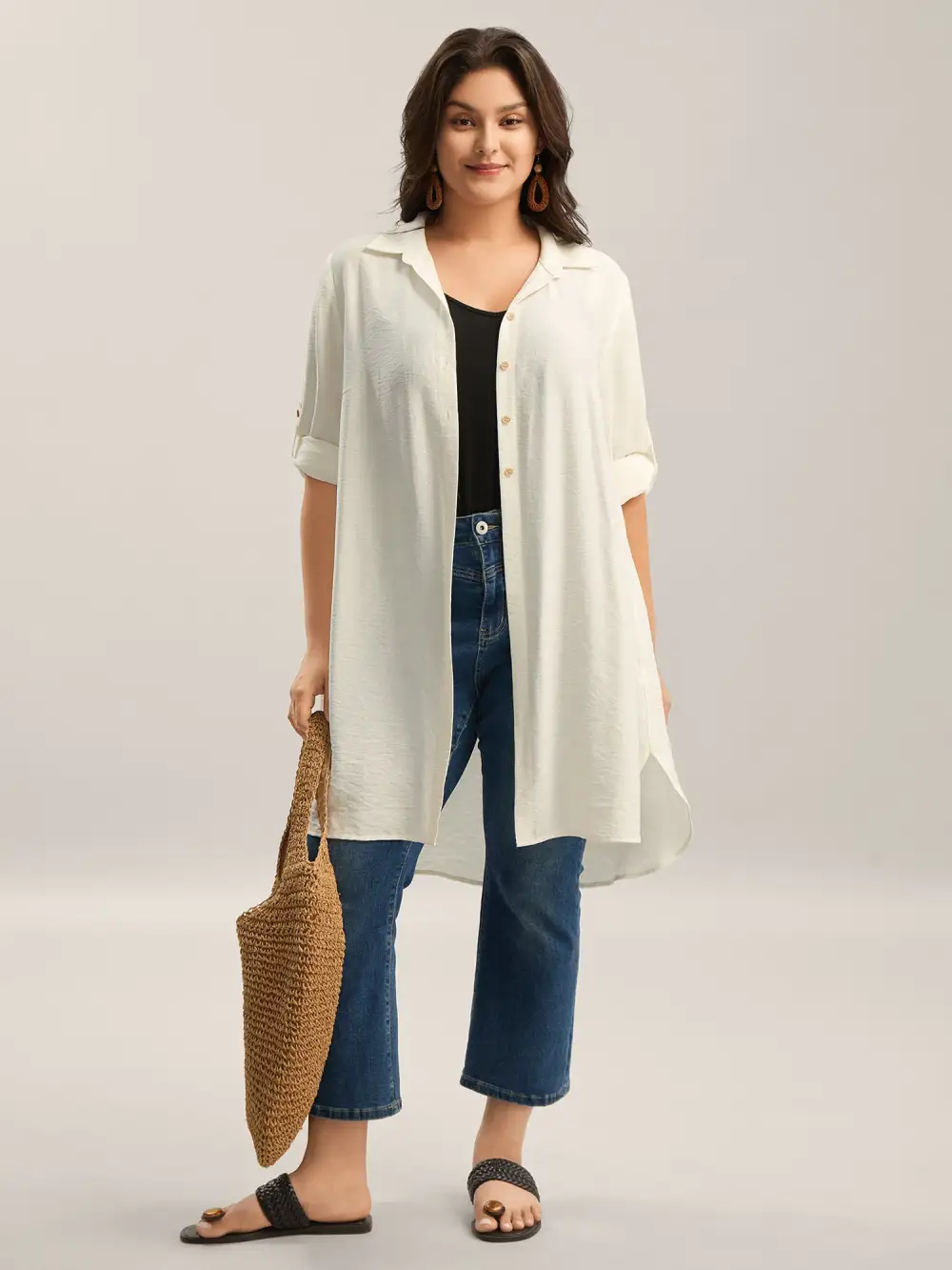 Front-Open Long Basic Blouse