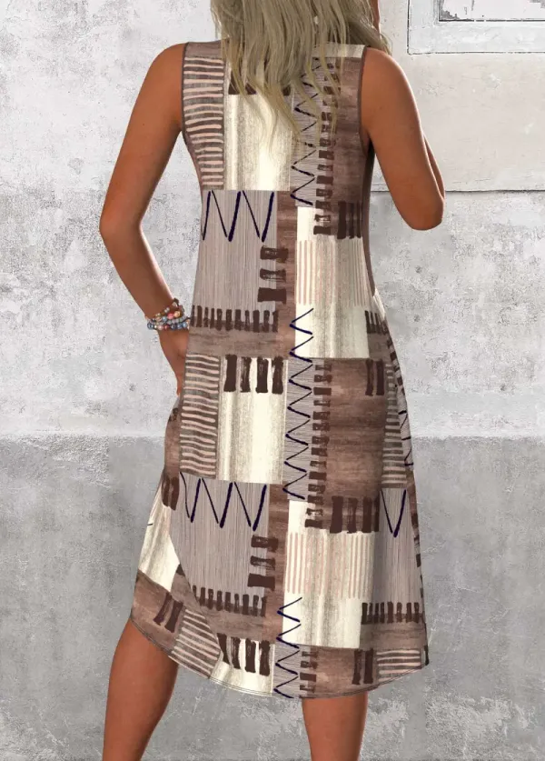Gray Brown Patchwork Geometric Print A Line Sleeveless Dress