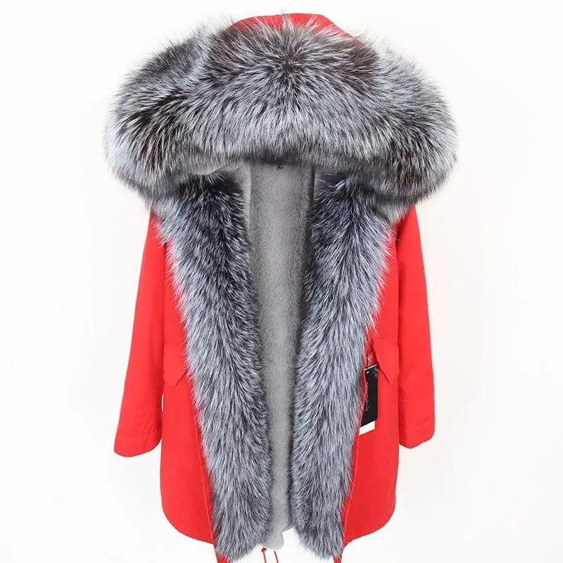 Women's Parka Natural Fox Fur Long Coat Artificial Fur Lining Fur