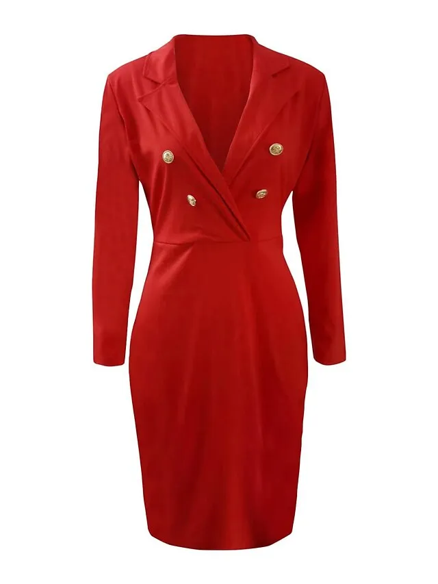 Women's New Year's Eve Dress Work Dress Blazer Dress And Jacket Set Sheath Dress Midi Dress Black White Red Long Sleeve Button Spring Fall Autumn Shirt Collar Office Dress