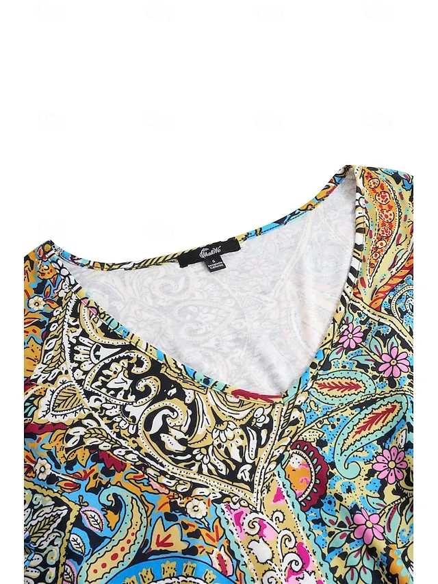 Women's Boho Shirt Tee Paisley Vintage Rainbow Print Blouse V Neck Half Sleeve Casual Short Sleeve Ethnic Summer Spring Shirts