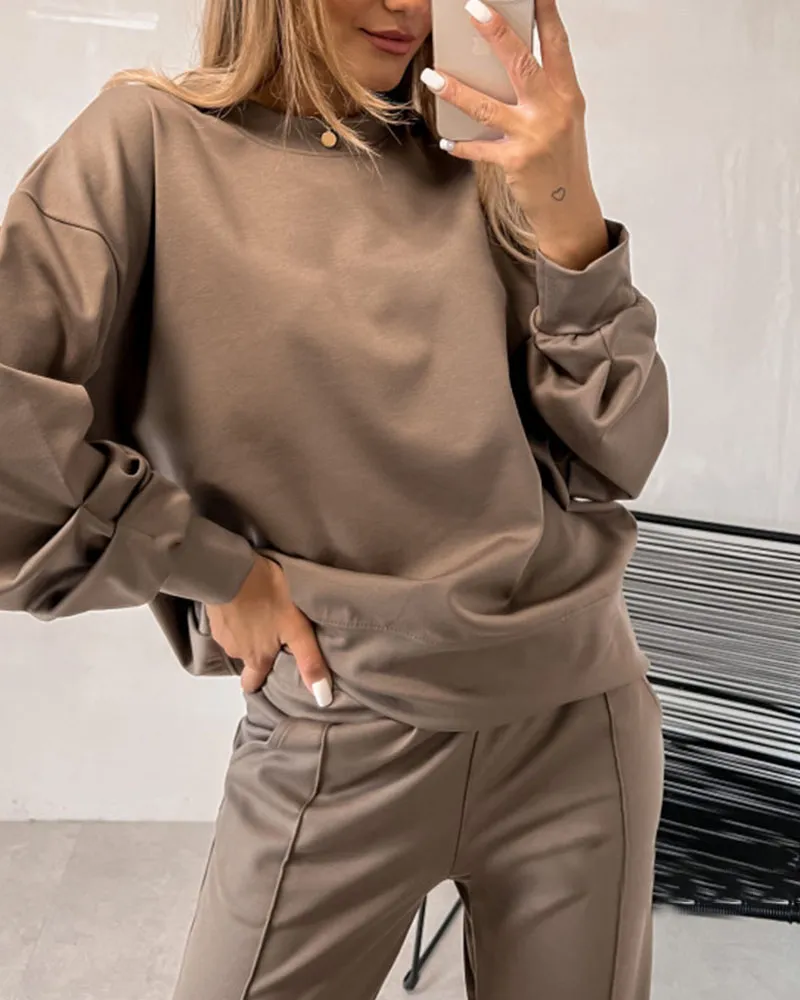 Chic Cuff Solid Color Casual Two-Piece Set