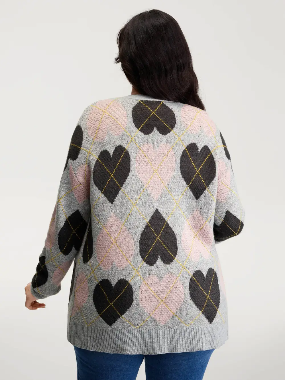 Cozy Hearts Jacquard Pattern Pockets Knit Cardigan