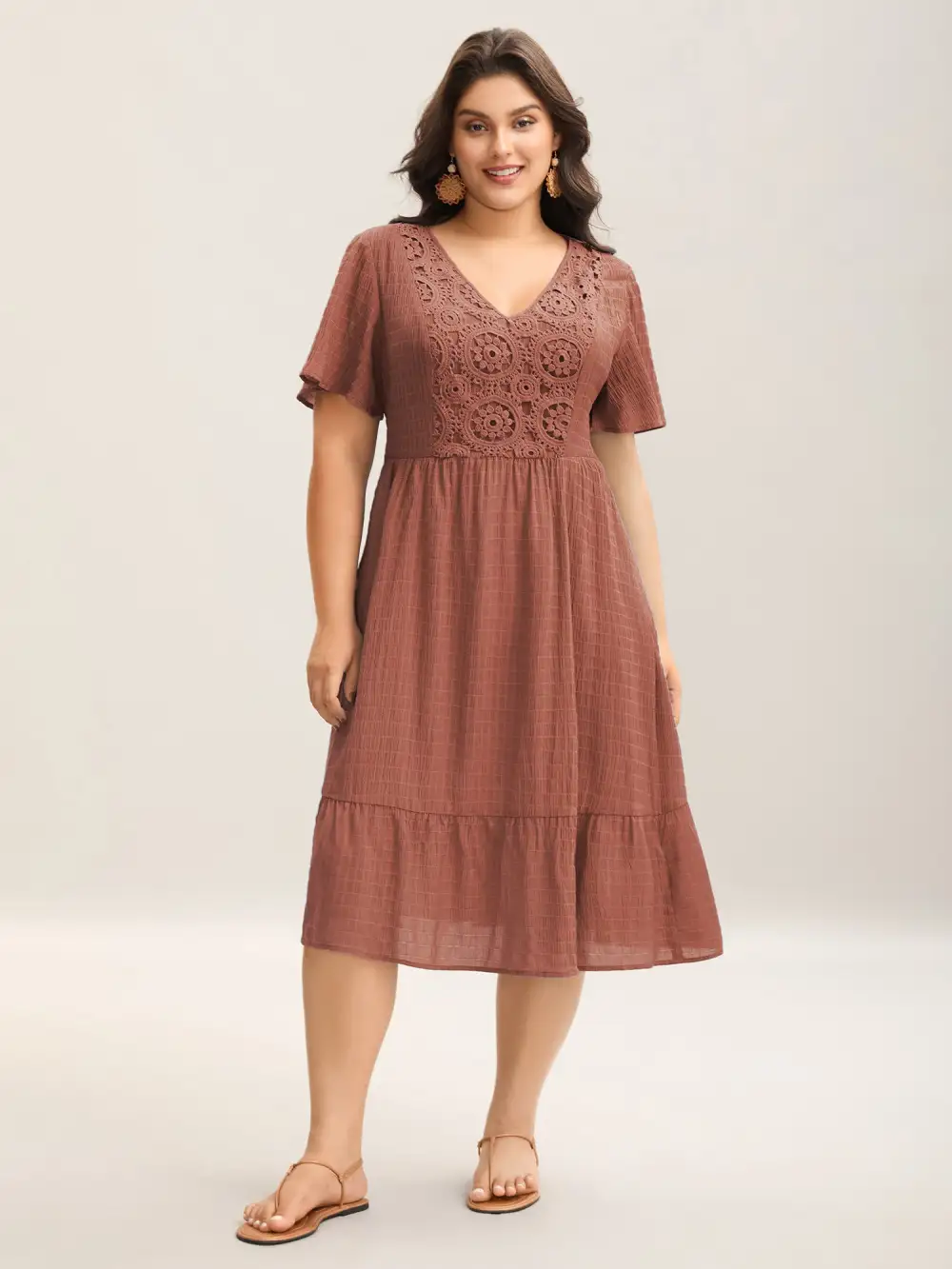 Lace Textured Pockets Tiered Midi Dress