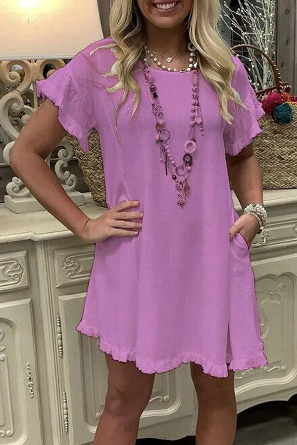 Solid Ruffled Short Sleeve Dress