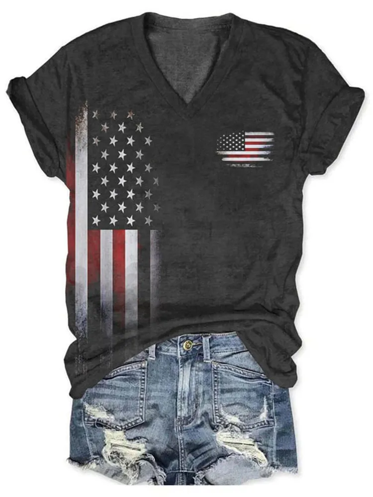 Women'S National Flag Pattern Print V-Neck T-Shirt