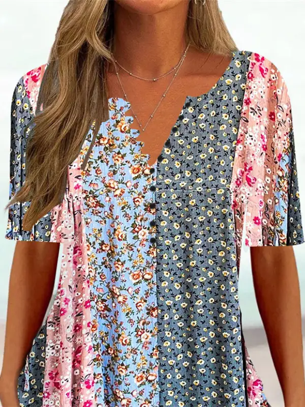 Women Half Sleeve V-neck Floral Printed Button Tops