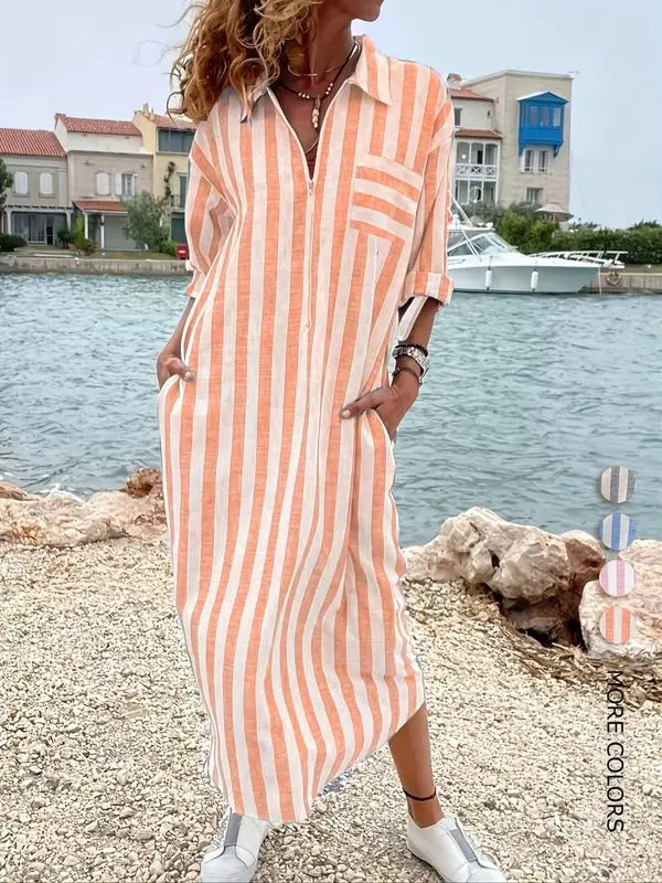 Women's Striped Button-Front Shirt Dress – Elegant Collared Dress for Spring & Fall, Casual & Classy Daily Wear, Perfect for Beach Holidays