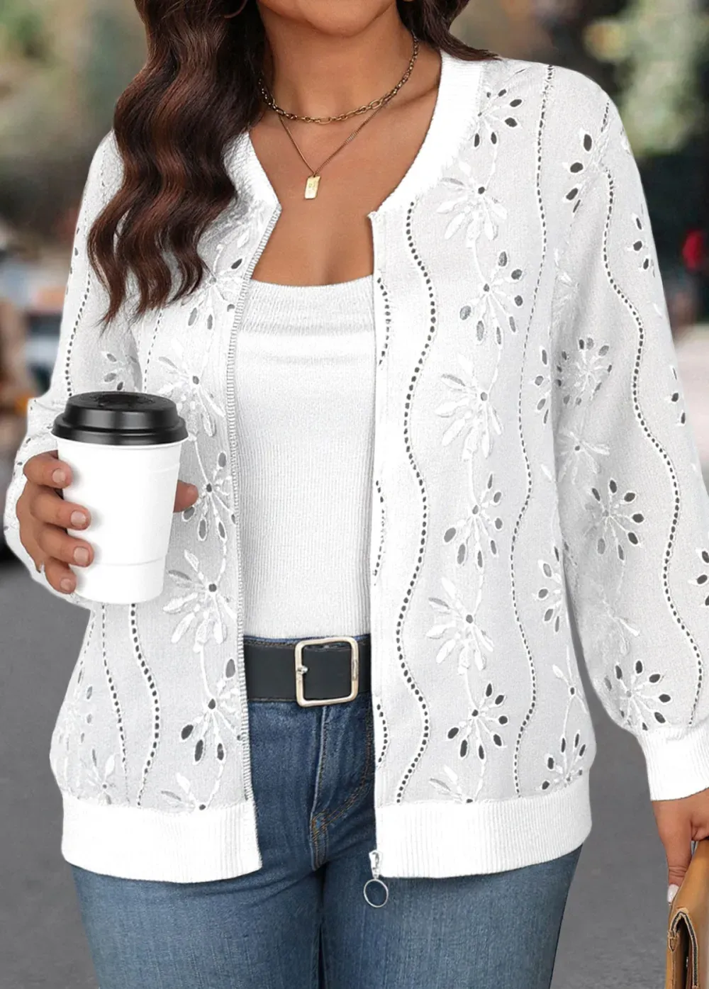 White Jacquard Long Sleeve Stand Collar Track Jacket