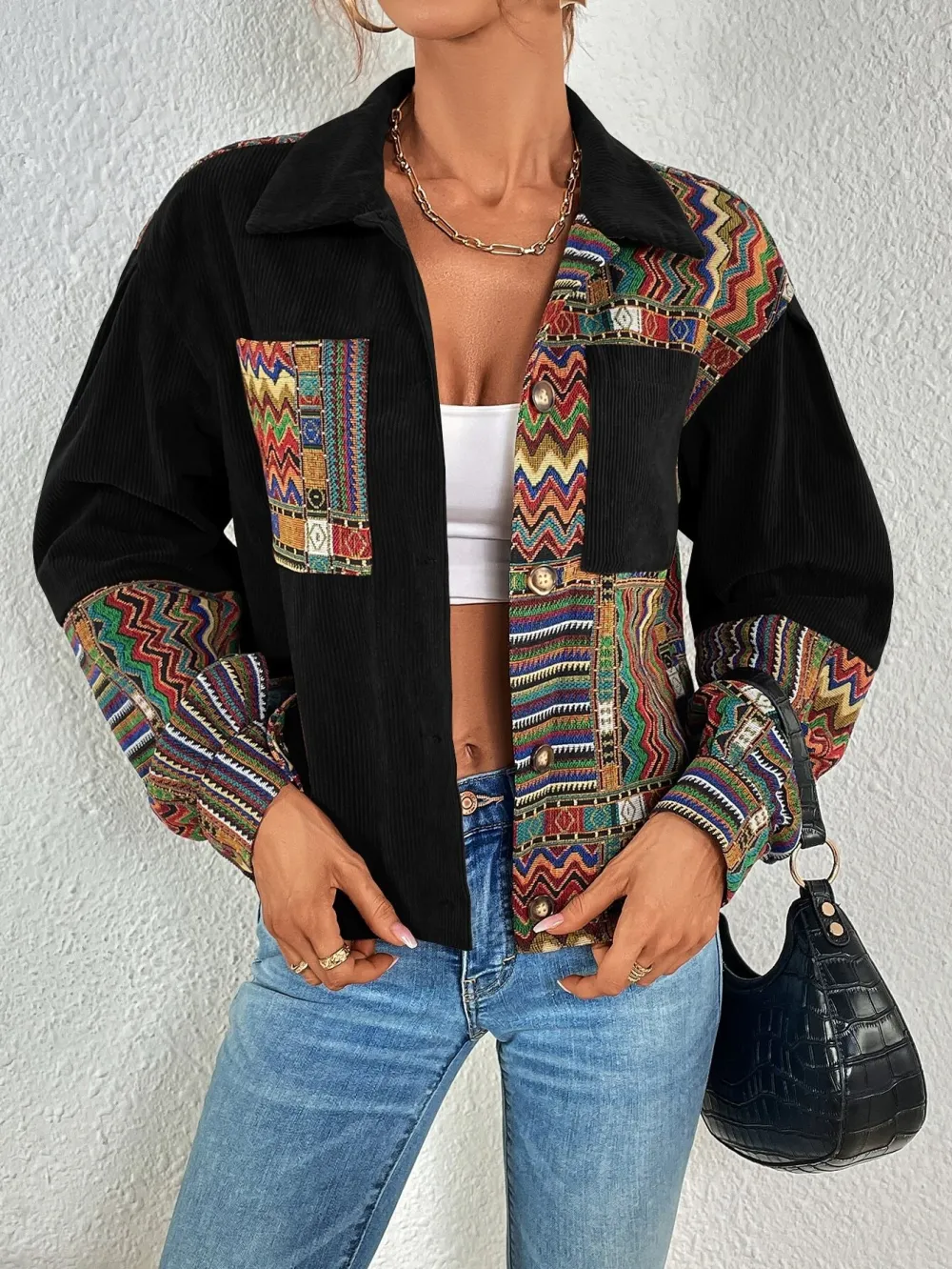Geo Print Drop Shoulder Corduroy Jacket