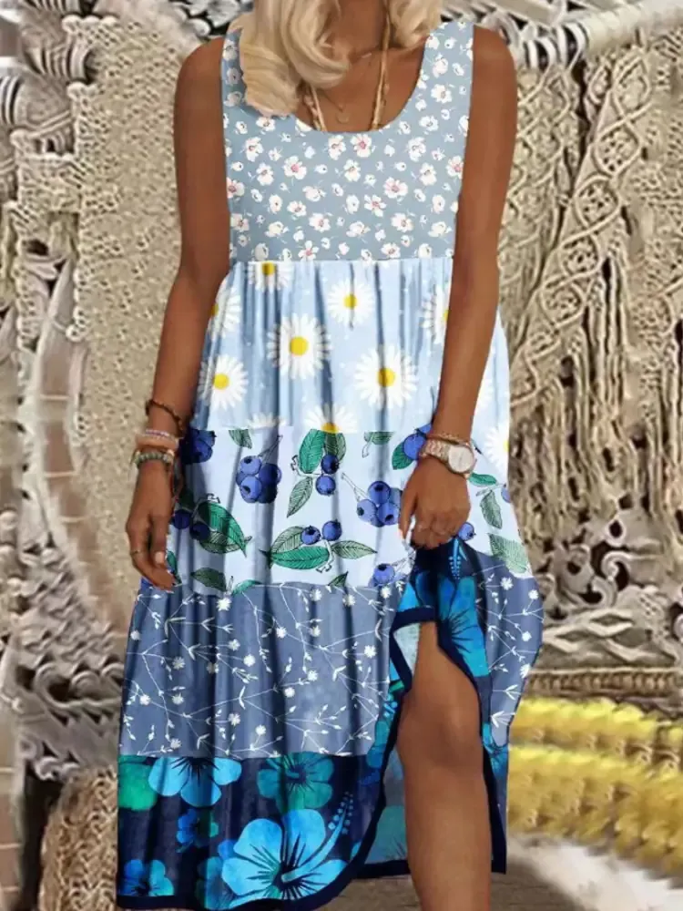 Casual Print Panel Sleeveless Crew Neck Midi Dress
